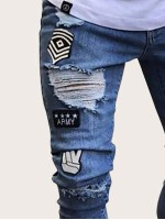 Men Ripped Patched Jeans