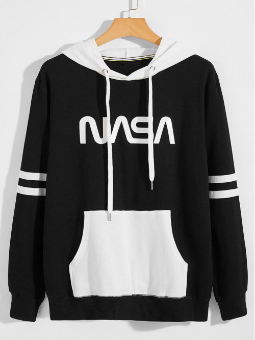 Men Striped And Letter Graphic Kangaroo Pocket Hoodie