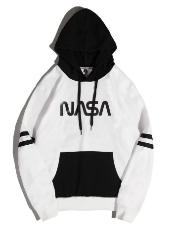 Men Striped And Letter Graphic Kangaroo Pocket Hoodie