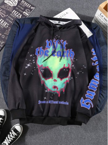 Men Alien And Slogan Graphic Drawstring Hoodie