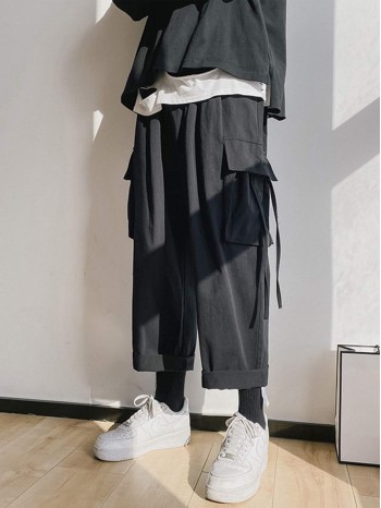 Men Flap Pocket Drawstring Cargo Trousers