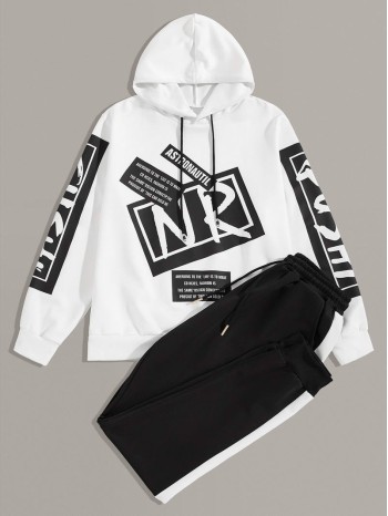 Men Letter Graphic Drawstring Hoodie & Sweatpants