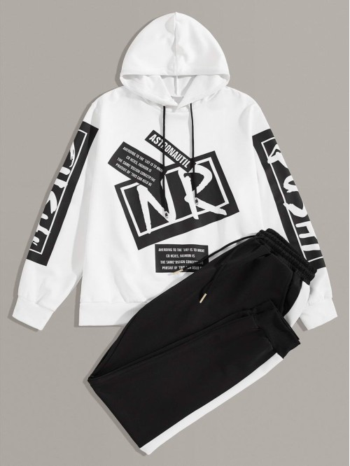 Men Letter Graphic Drawstring Hoodie & Sweatpants