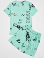 Men Letter Graphic Tee & Drawstring Shorts