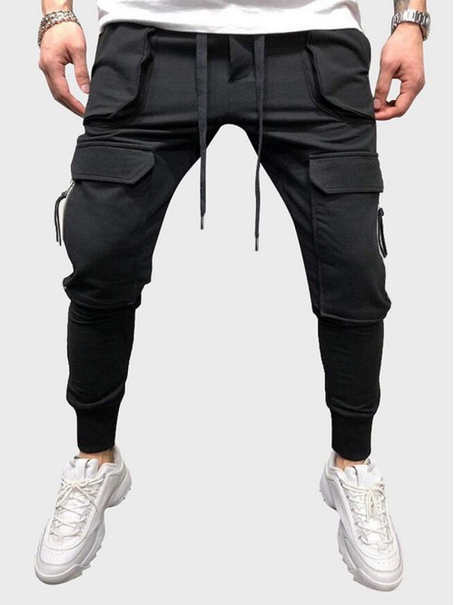 Men Flap Pocket Drawstring Cargo Trousers