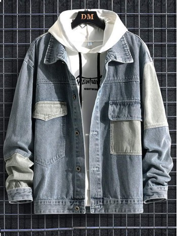 Men Flap Pocket Contrast Panel Denim Jacket