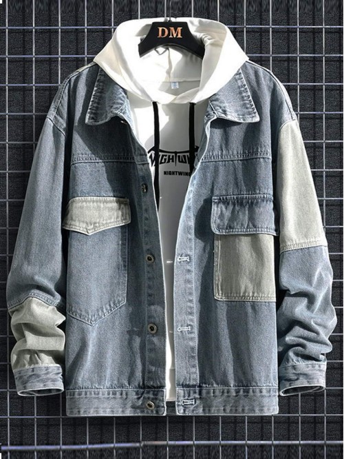 Men Flap Pocket Contrast Panel Denim Jacket