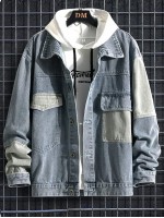 Men Flap Pocket Contrast Panel Denim Jacket