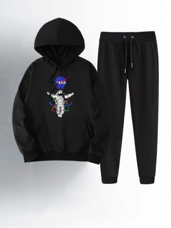 Men Letter Graphic Drawstring Hoodie & Joggers