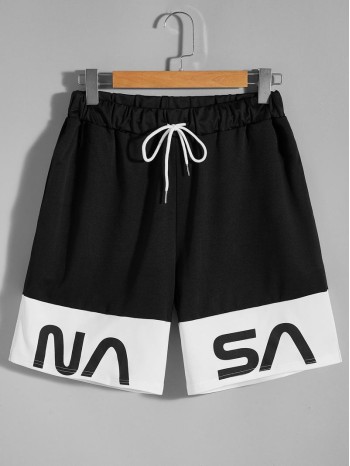 Men Letter Graphic Spliced Drawstring Shorts