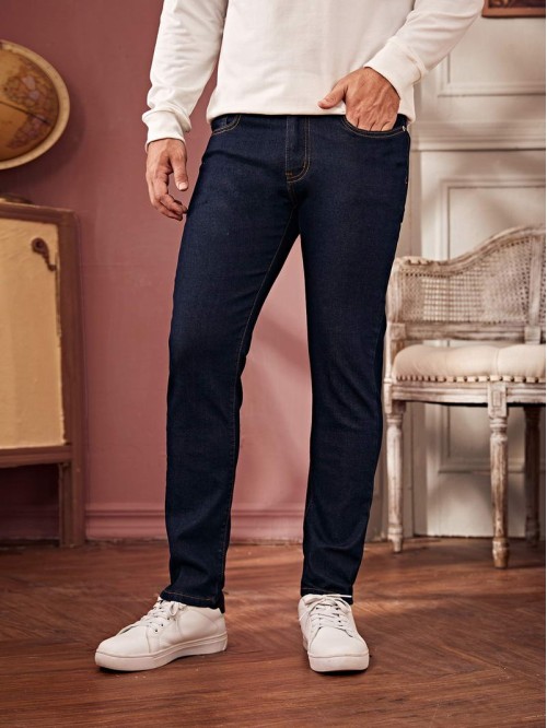 Men Contrast Topstitching Straight Leg Jeans