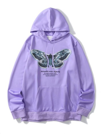 Men Butterfly And Slogan Graphic Kangaroo Pocket Hoodie