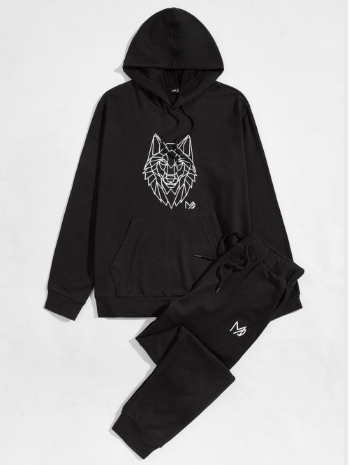 Men Wolf Print Hoodie and Joggers Set