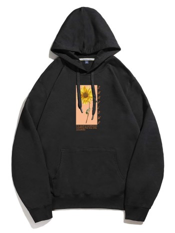 Men Sunflower & Slogan Graphic Drawstring Hoodie