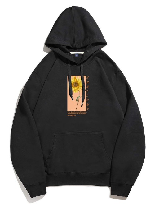 Men Sunflower & Slogan Graphic Drawstring Hoodie