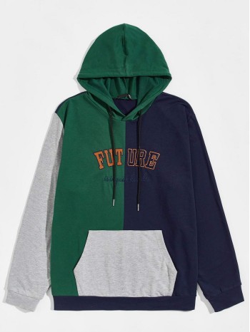 Men Colorblock Letter Embroidery Pouch Pocket Hoodie