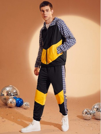 Men Plaid Colorblock Zip Up Drawstring Hoodie & Sweatpants Set