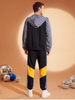 Men Plaid Colorblock Zip Up Drawstring Hoodie & Sweatpants Set