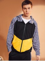 Men Plaid Colorblock Zip Up Drawstring Hoodie & Sweatpants Set