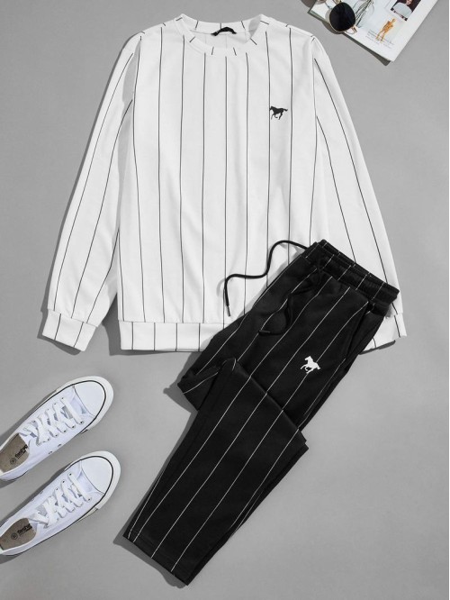 Men Horse Print Striped Pullover & Sweatpants Set