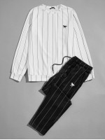 Men Horse Print Striped Pullover & Sweatpants Set