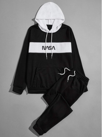 Men Colorblock And Letter Graphic Kangaroo Pocket Hoodie With Sweatpants