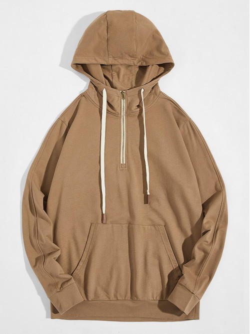 Men Drawstring Detail Zipper Half Placket Hoodie