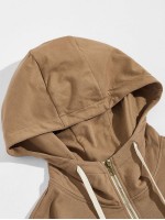 Men Drawstring Detail Zipper Half Placket Hoodie