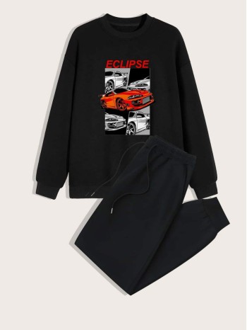 Men Letter And Car Print Sweatshirt & Sweatpants