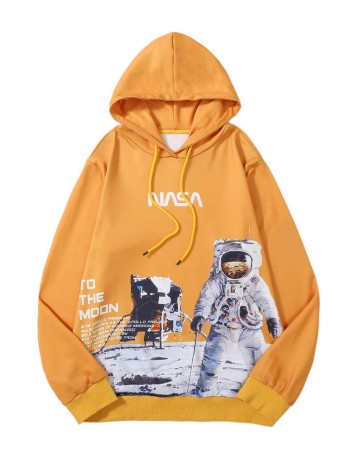 Men Slogan & Astronaut Print Drawstring Hoodie