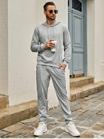 Men Solid Kangaroo Pocket Drawstring Hoodie & Sweatpants