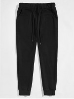 Men Solid Drawstring Waist Fleece Lined Sweatpants