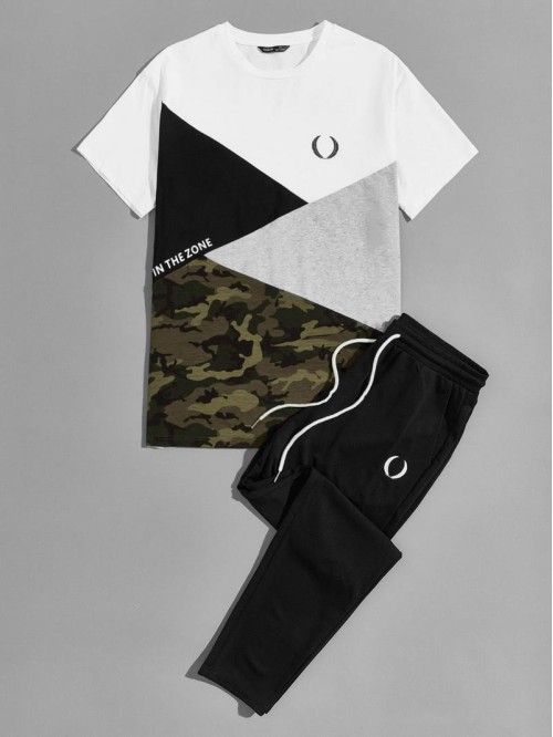 Men Camo and Letter Graphic Colorblock Top & Sweatpants Set