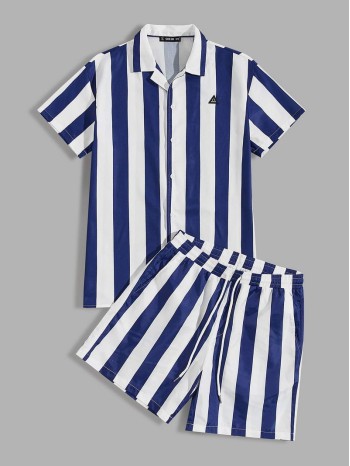 Men Patched Detail Two Tone Striped Blouse and Shorts Set