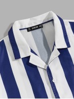 Men Patched Detail Two Tone Striped Blouse and Shorts Set