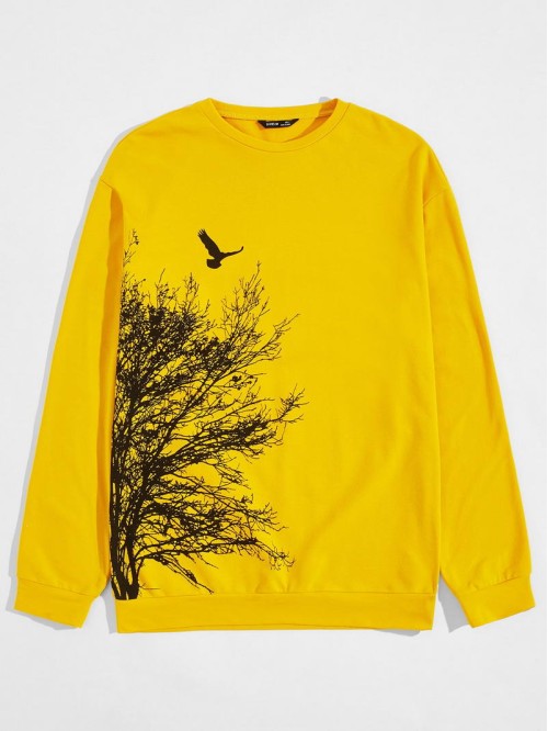 Men Tree and Bird Print Pullover