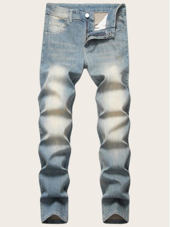 Men Button Fly Washed Jeans