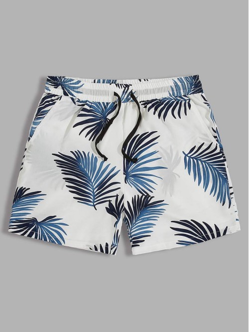 Men Tropical Print Drawstring Waist Shorts