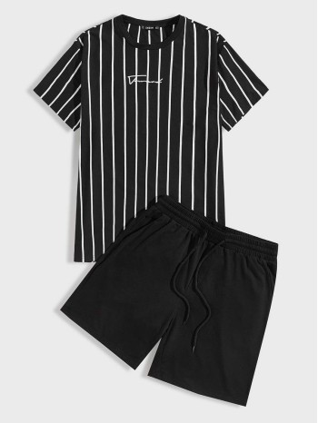 Men Striped & Letter Tee and Drawstring Waist Track Shorts Set