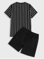 Men Striped & Letter Tee and Drawstring Waist Track Shorts Set