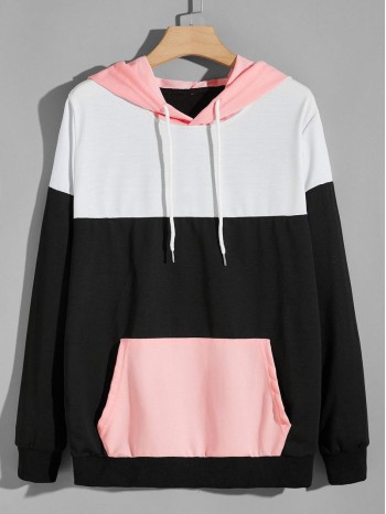 Men Color-block Kangaroo Pocket Drawstring Hoodie