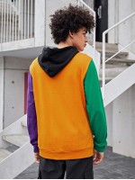 Men Teddy Letter Patched Colorblock Drawstring Hoodie