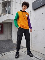 Men Teddy Letter Patched Colorblock Drawstring Hoodie