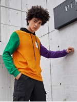 Men Teddy Letter Patched Colorblock Drawstring Hoodie