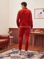 Men Patched Detail Zip Half Placket Velvet Jacket and Pants Set