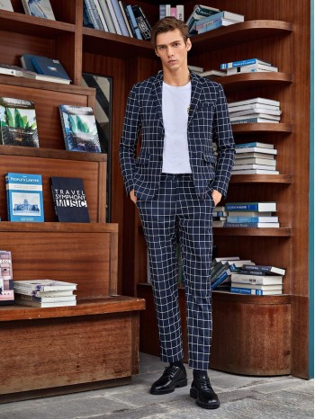 Men Notch Collar Grid Blazer and Tailored Pants Set