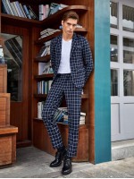 Men Notch Collar Grid Blazer and Tailored Pants Set