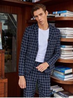 Men Notch Collar Grid Blazer and Tailored Pants Set