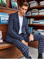 Men Notch Collar Grid Blazer and Tailored Pants Set