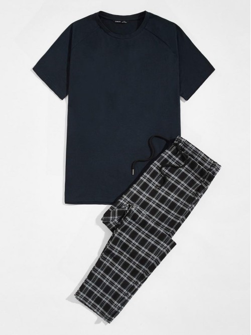 Men Raglan Sleeve Tee & Drawstring Waist Plaid Pants Set